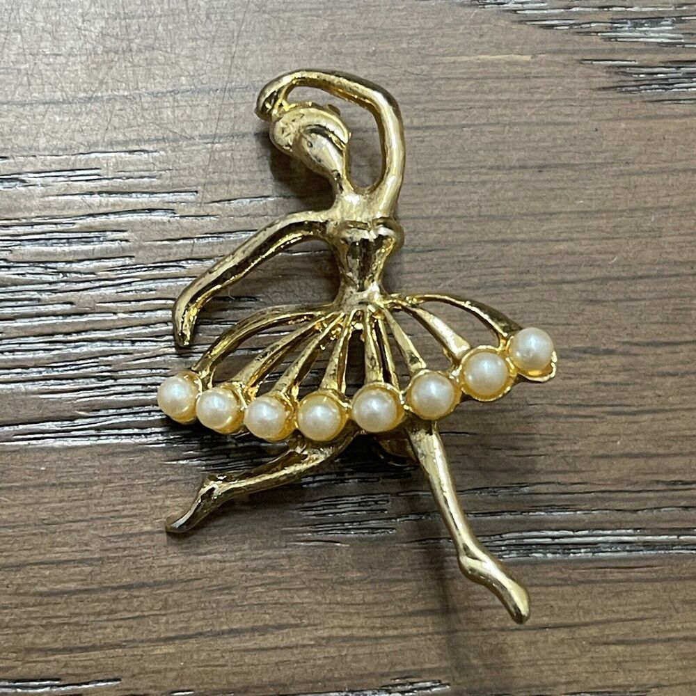 Vintage Dancing Ballerina Brooch Pin Goldtone Faux‎ Pearl Estate Jewelry Ballet